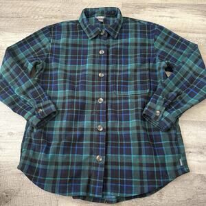 Eddie Bauer Fleece Shirt Shacket Womens Sz Medium Blue Green Plaid Chest Pocket